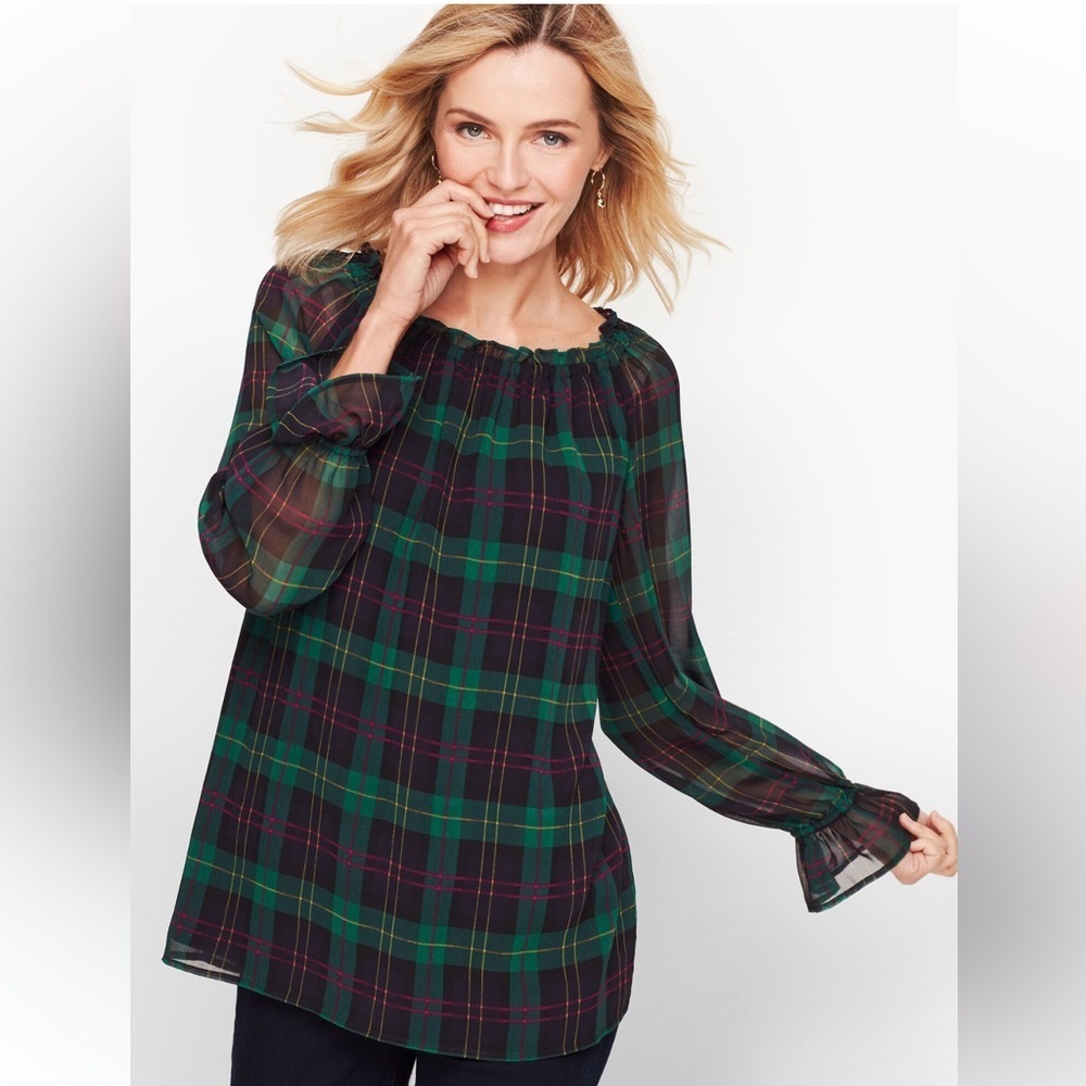 Talbots Tartan Plaid Bell Sleeve Top Women L Blouse Navy Green Ruffle Poet Sleev - Picture 2 of 13